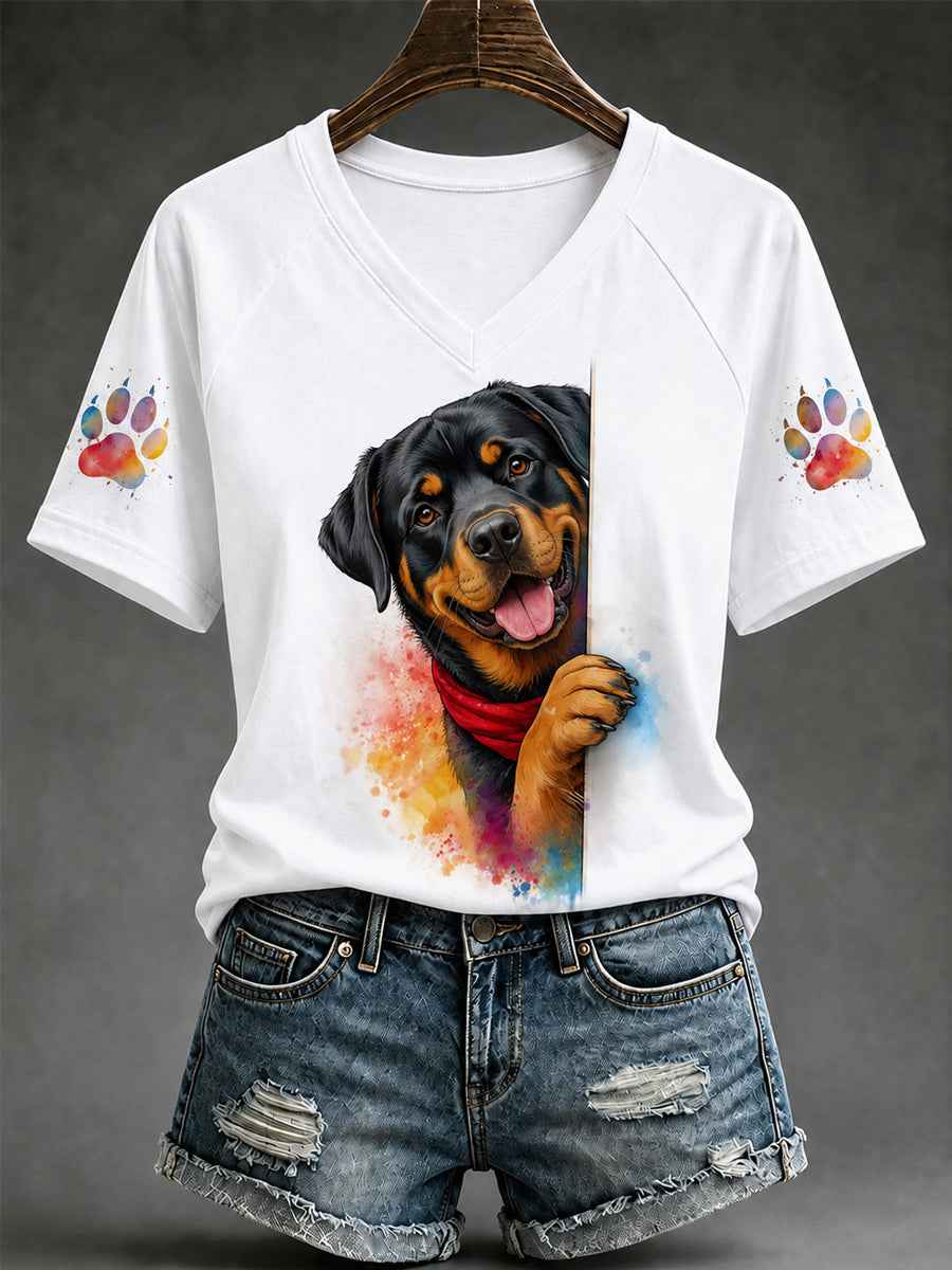 Women's Cute Dog Print Gift For Pet Lovers Casual V-Neck Tee