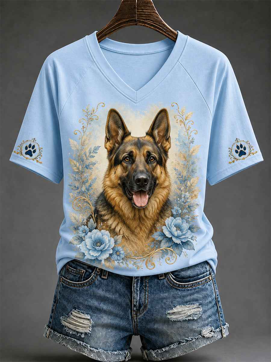 Women's Retro Dog Print Casual V-Neck Tee