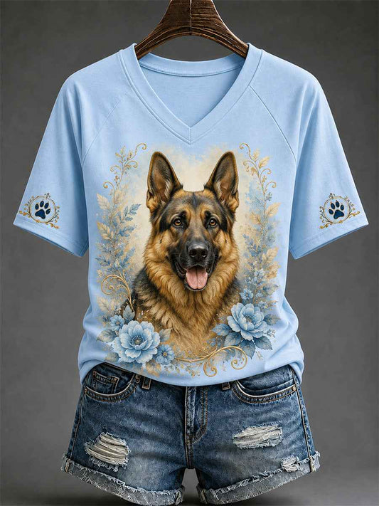 Women's Retro Dog Print Casual V-Neck Tee