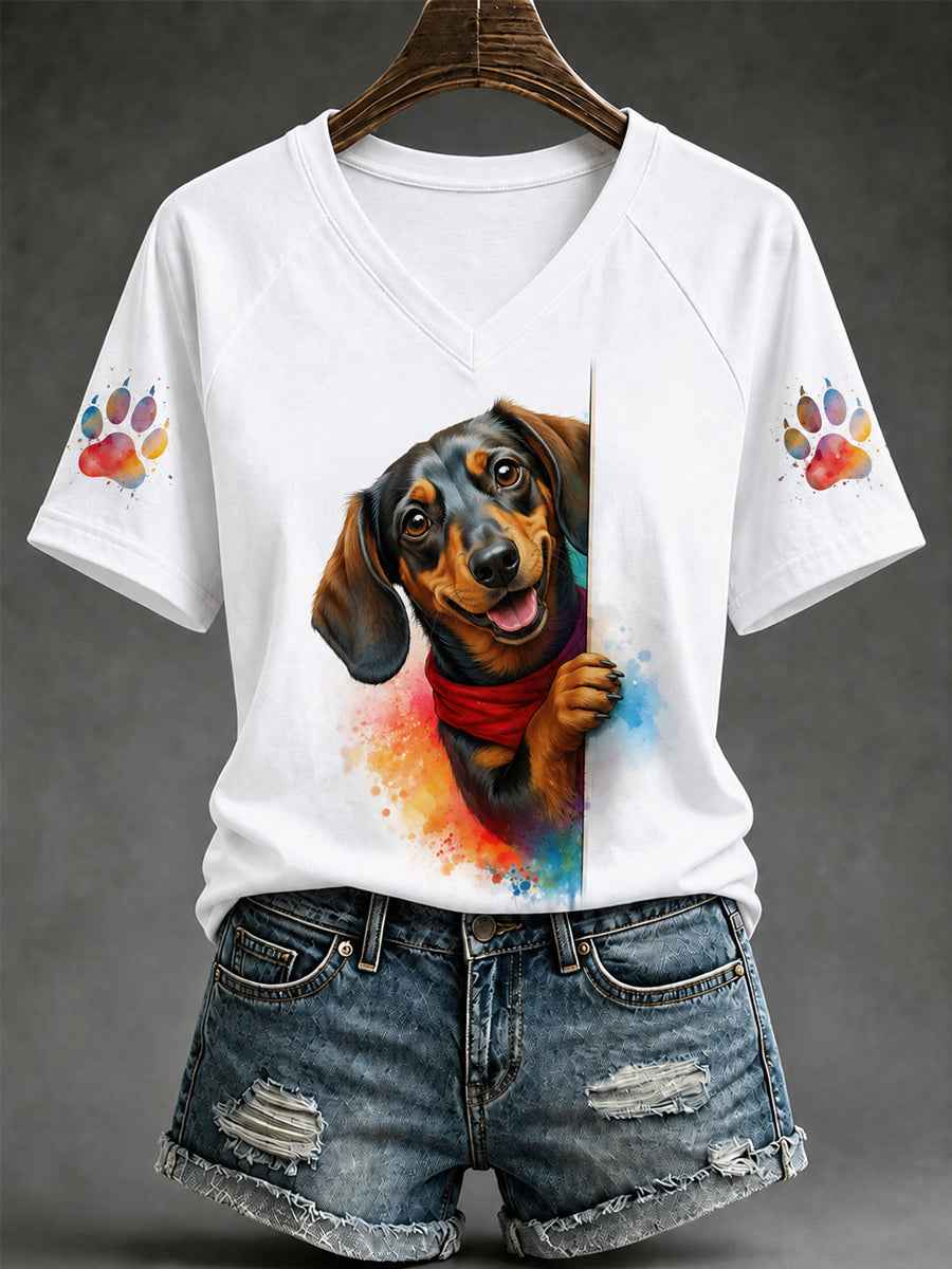Women's Cute Dog Print Gift For Pet Lovers Casual V-Neck Tee