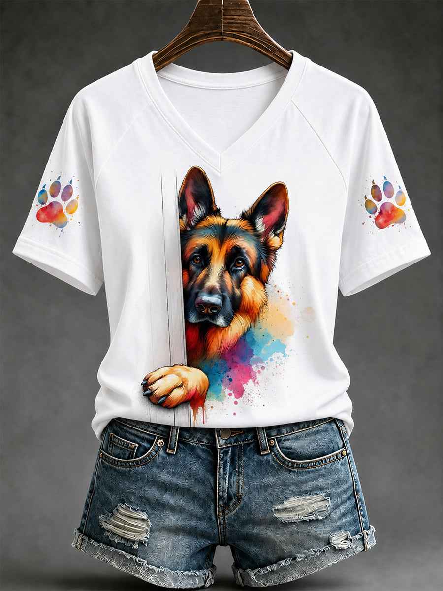 Women's Cute Dog Print Gift For Pet Lovers Casual V-Neck Tee