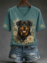 Women's Retro Dog Print Casual V-Neck Tee