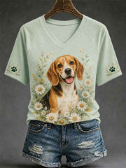 Women's Retro Dog Print Casual V-Neck Tee