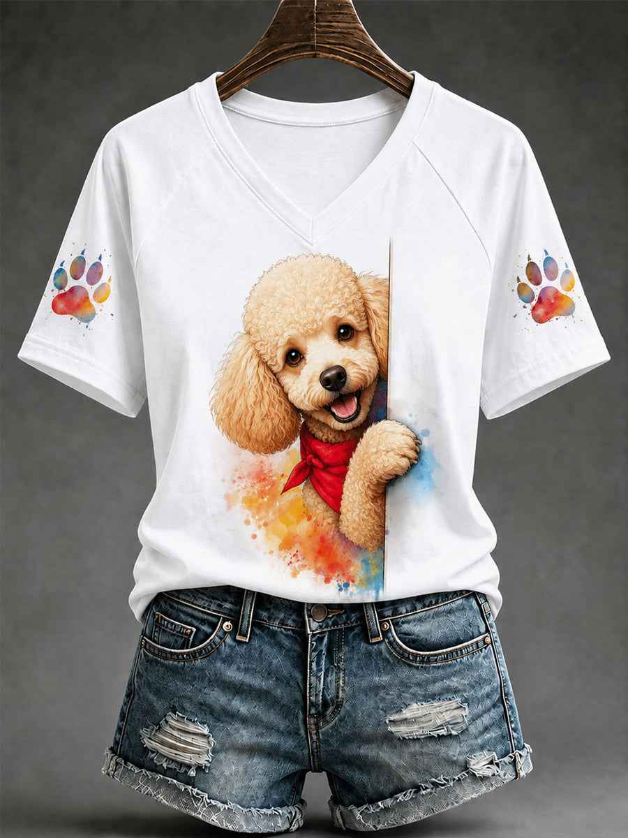 Women's Cute Dog Print Gift For Pet Lovers Casual V-Neck Tee