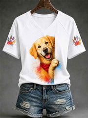 Women's Cute Dog Print Gift For Pet Lovers Casual V-Neck Tee