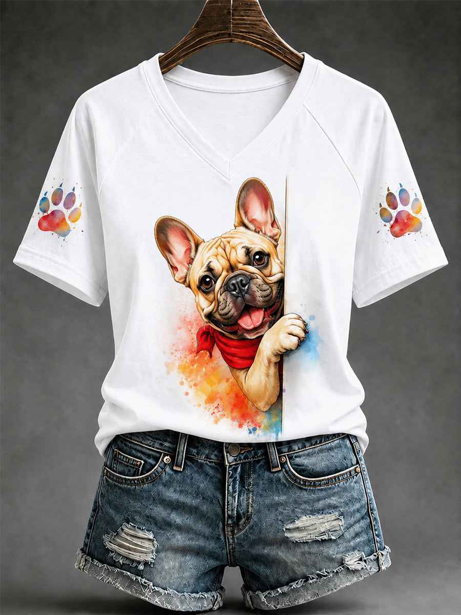 Women's Cute Dog Print Gift For Pet Lovers Casual V-Neck Tee