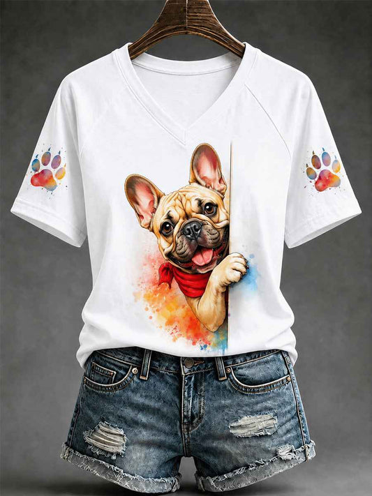 Women's Cute Dog Print Gift For Pet Lovers Casual V-Neck Tee