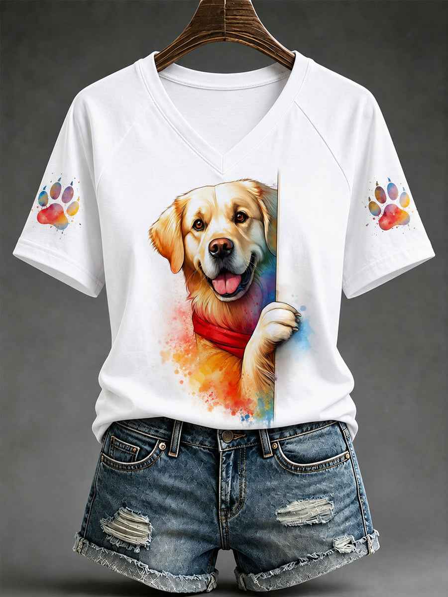 Women's Cute Dog Print Gift For Pet Lovers Casual V-Neck Tee