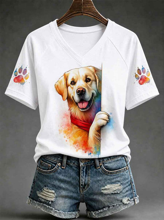 Women's Cute Dog Print Gift For Pet Lovers Casual V-Neck Tee