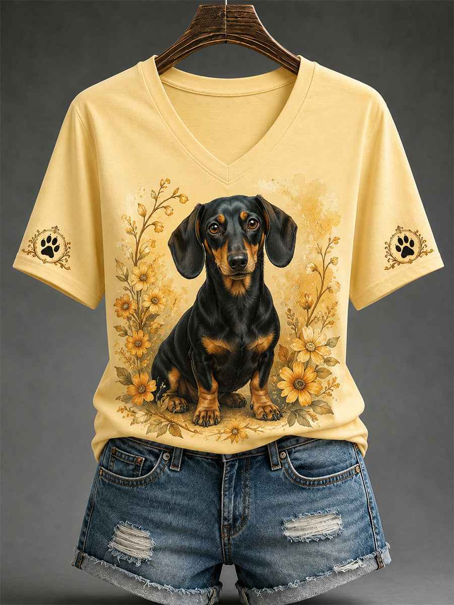 Women's Retro Dog Print Casual V-Neck Tee