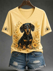 Women's Retro Dog Print Casual V-Neck Tee