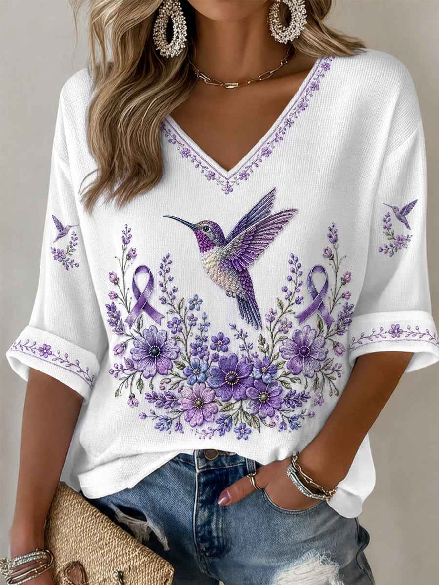 Women's Purple Floral & Hummingbird Print Alzheimer's Awareness Support Half-Sleeves V-Neck T-Shirt