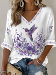 Women's Purple Floral & Hummingbird Print Alzheimer's Awareness Support Half-Sleeves V-Neck T-Shirt