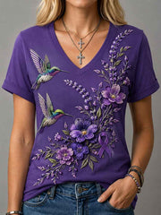 Women's Purple Floral & Hummingbird Print Alzheimer's Awareness Support V-Neck Tee