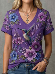 Women's Purple Floral & Hummingbird Print Alzheimer's Awareness Support V-Neck Tee