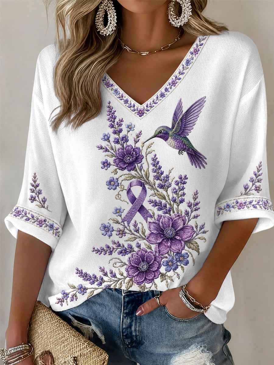Women's Purple Floral & Hummingbird Print Alzheimer's Awareness Support Half-Sleeves V-Neck T-Shirt