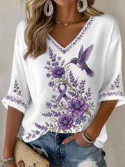 Women's Purple Floral & Hummingbird Print Alzheimer's Awareness Support Half-Sleeves V-Neck T-Shirt