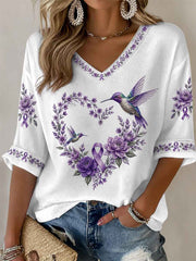 Women's Purple Floral & Hummingbird Print Alzheimer's Awareness Support Half-Sleeves V-Neck T-Shirt