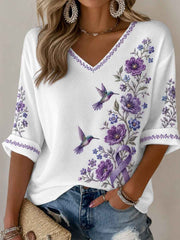Women's Purple Floral & Hummingbird Print Alzheimer's Awareness Support Half-Sleeves V-Neck T-Shirt