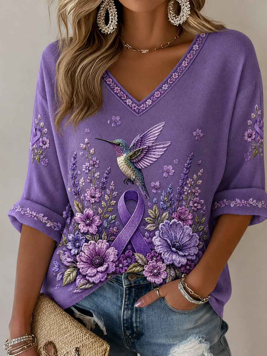 Women's Purple Floral & Hummingbird Print Alzheimer's Awareness Support Half-Sleeves V-Neck T-Shirt