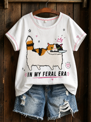 Women's Cat Printed linen short-sleeved T-shirt gracestitchs