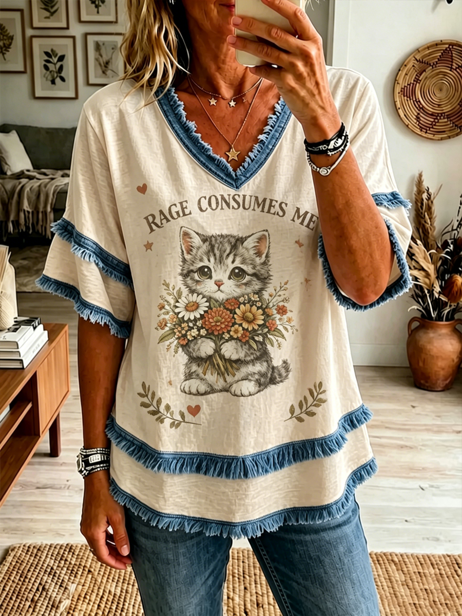 Women's Cat Printed Cotton-Linen Shirt gracestitchs