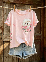 Women's cute dog pattern printed casual short-sleeve T-shirt