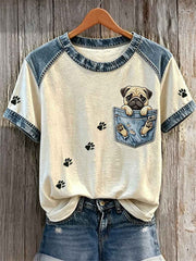 Women's Pug Dog Fake Pocket & Paw Prints Denim Patchwork Print T-shirts