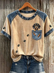 Women's Dachshund Dog Fake Pocket & Paw Prints Denim Patchwork Print T-shirts