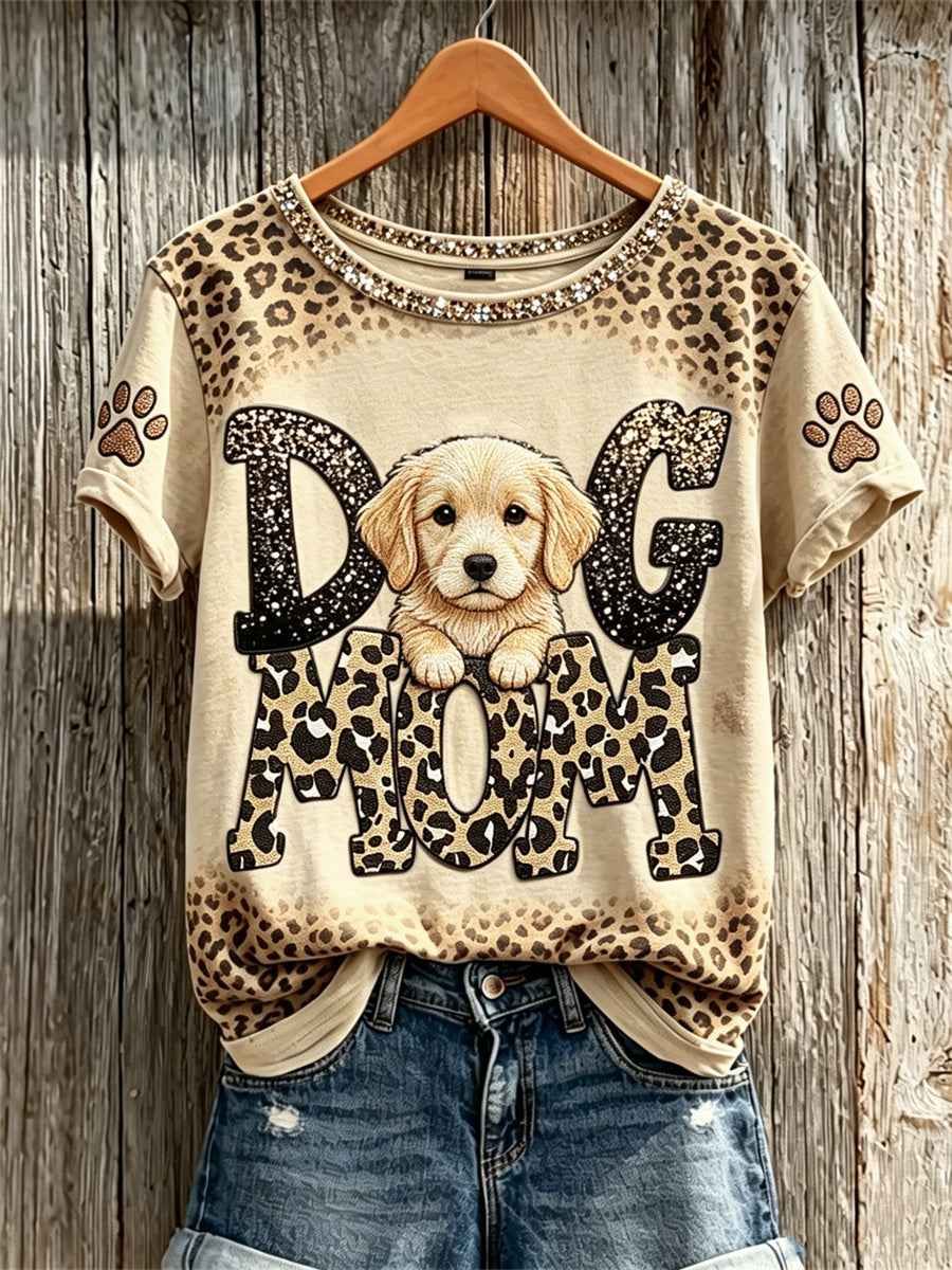 Women's Peeking Golden Retriever Dog Mom & Paw Prints Leopard Print short-sleeved T-shirt