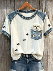 Women's Fuzzy Bichon Dog Fake Pocket & Paw Prints Denim Patchwork Print T-shirts