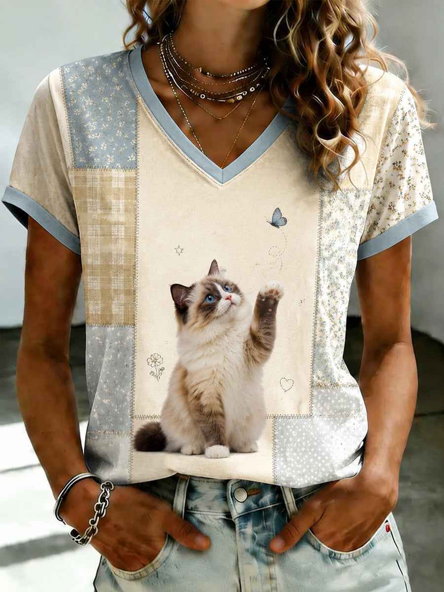 Women's Cute Cat Printed V-neck T-shirt