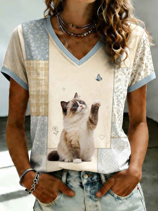 Women's Cute Cat Printed V-neck T-shirt