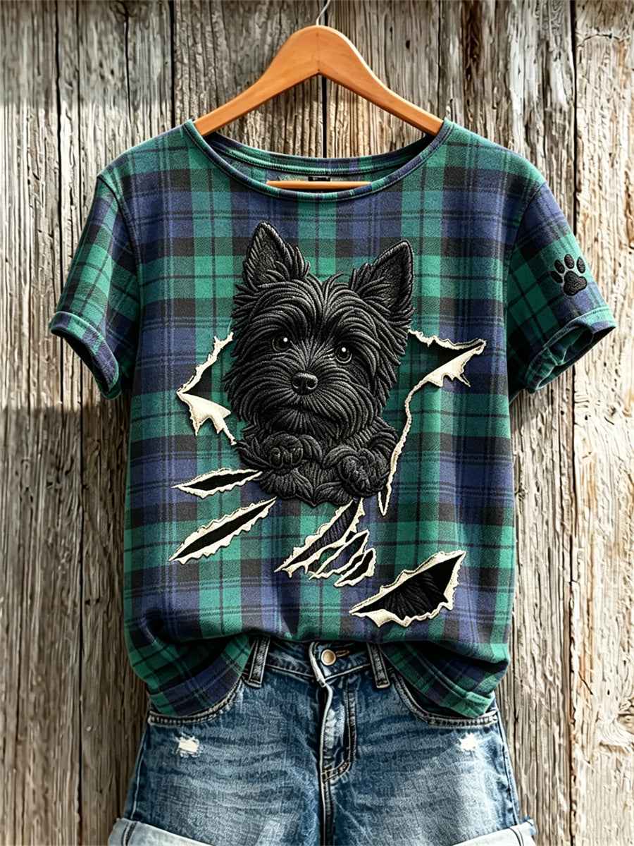 Women's Peeking Scottish Terrier Dog from Torn Crack Scotland Plaid Print short-sleeved T-shirt