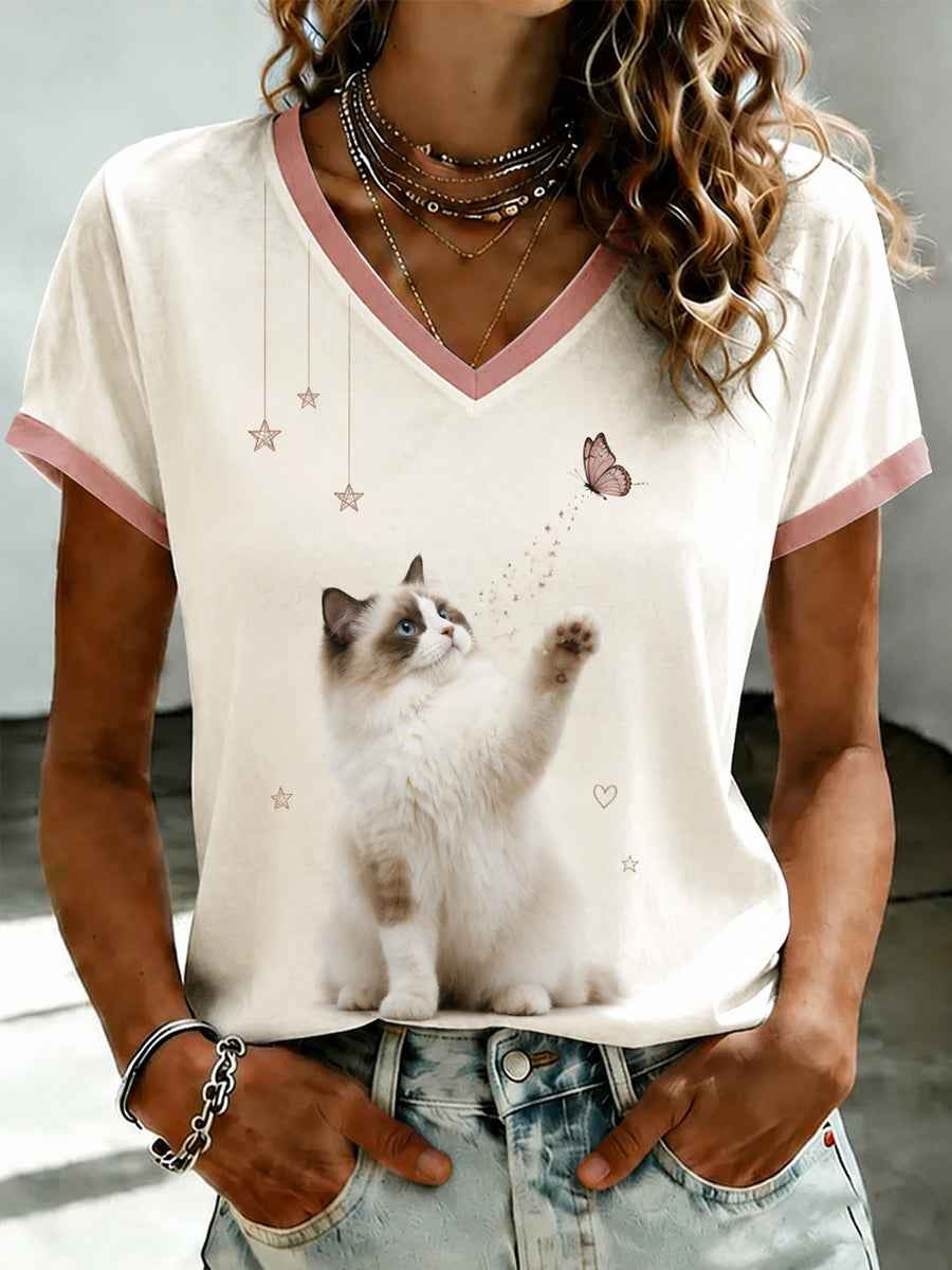 Women's Cute Cat Printed V-neck T-shirt