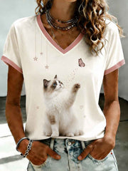 Women's Cute Cat Printed V-neck T-shirt