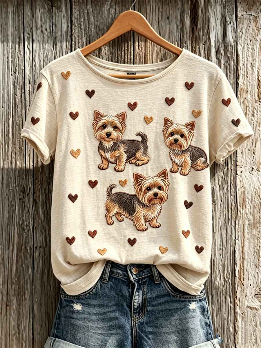 Women's Yorkshire Terrier Dogs & Hearts Pattern Print short-sleeved T-shirt