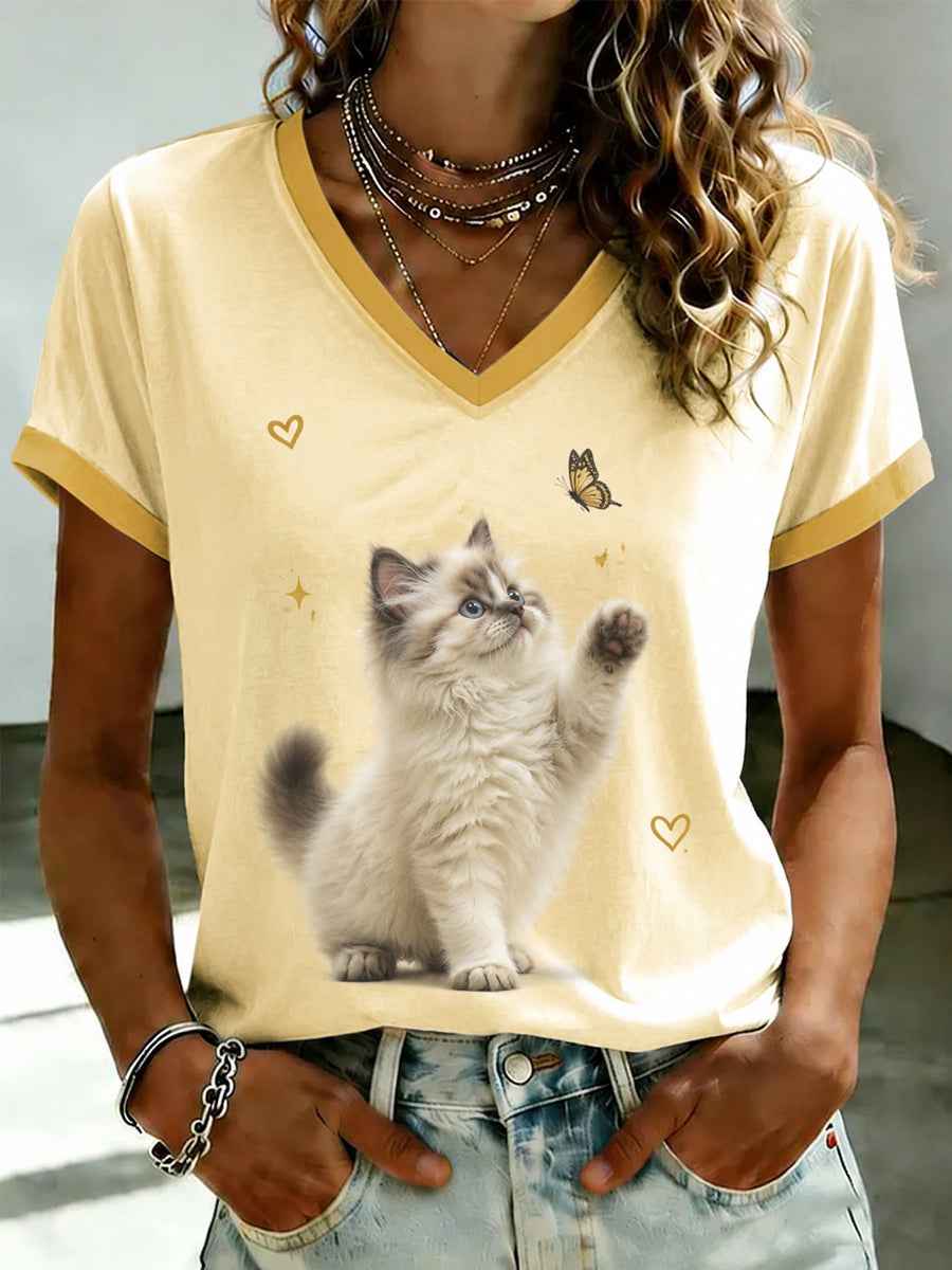 Women's Cute Cat Printed V-neck T-shirt