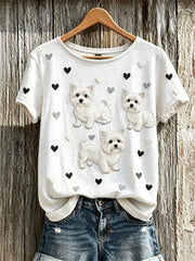 Women's Fuzzy White Scottish Terrier Dogs & Hearts Pattern Print short-sleeved T-shirt