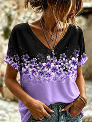 Women's Purple Floral & Alzheimer's Awareness Support Print V-Neck Tee gracestitchs