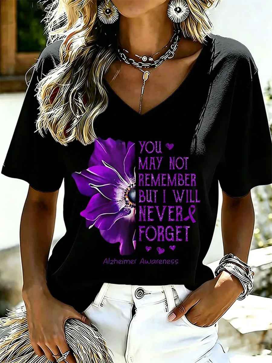 Women's Purple Floral & Alzheimer's Awareness Support Print V-Neck Tee