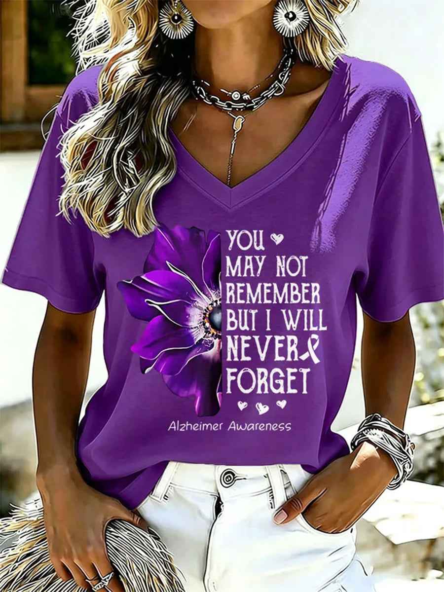 Women's Purple Floral & Alzheimer's Awareness Support Print V-Neck Tee