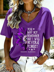 Women's Purple Floral & Alzheimer's Awareness Support Print V-Neck Tee