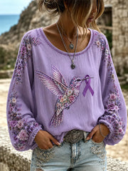 Women's Purple Floral & Hummingbird Print Alzheimer's Awareness Support Long-Sleeves Top gracestitchs