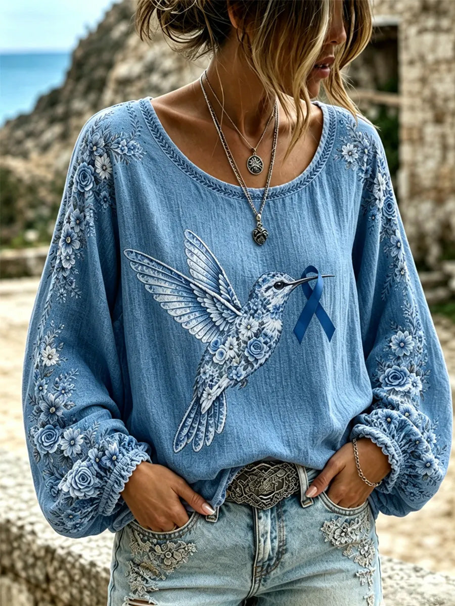 Women's Purple Floral & Hummingbird Print Alzheimer's Awareness Support Long-Sleeves Top gracestitchs