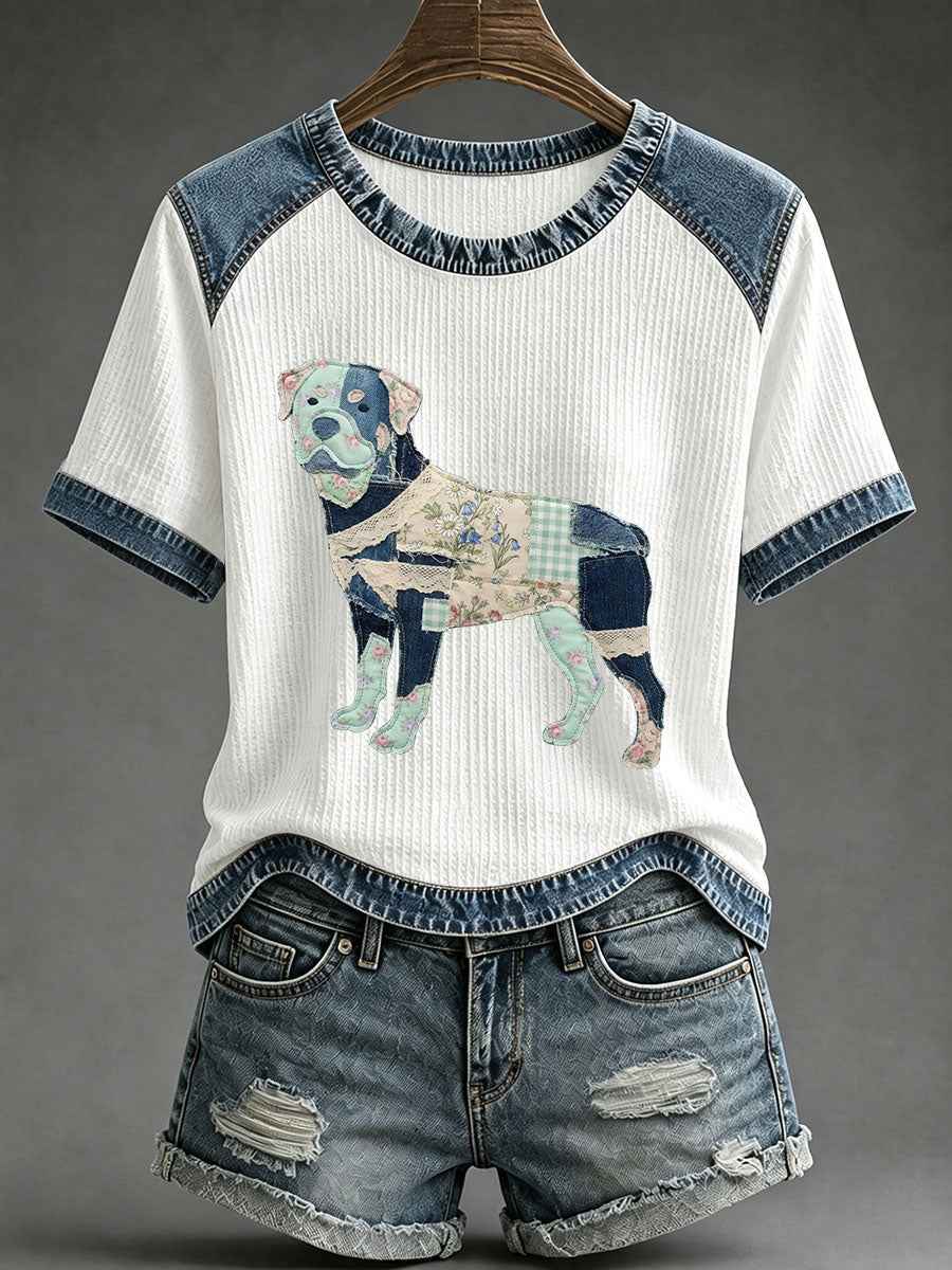 Women's Floral Plaid Denim Dog Art Waffle Print Casual T-Shirt