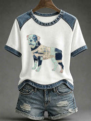 Women's Floral Plaid Denim Dog Art Waffle Print Casual T-Shirt