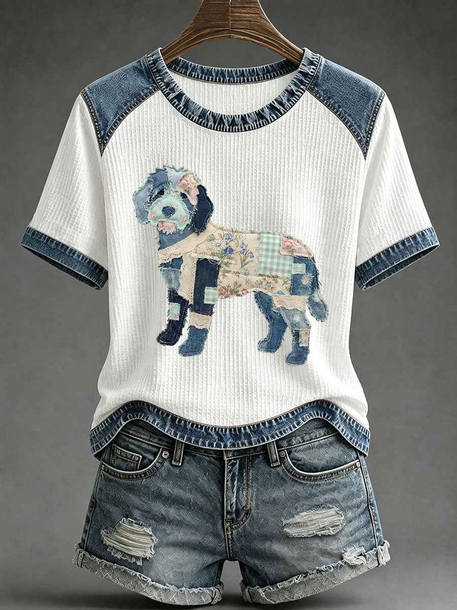 Women's Floral Plaid Denim Dog Art Waffle Print Casual T-Shirt