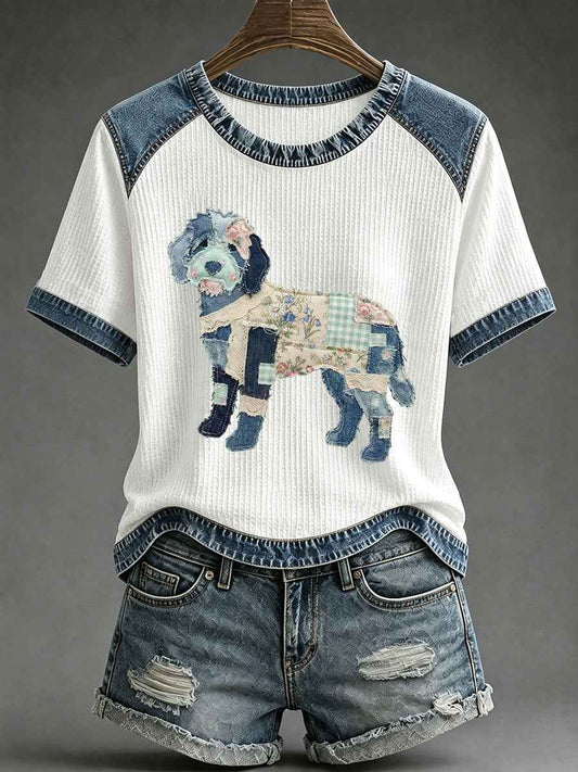 Women's Floral Plaid Denim Dog Art Waffle Print Casual T-Shirt