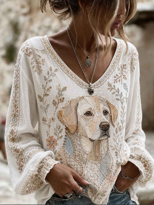 Women's Art Dog Printed Cotton-Linen Shirt
